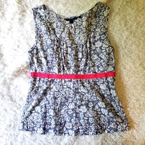 Boden Floral Gray and Cream Sleeveless Top with Pink Waistband
